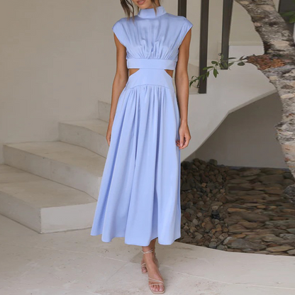 Mock Neck Cap Sleeve Side Cut Out Pleated A-Line Midi Dress