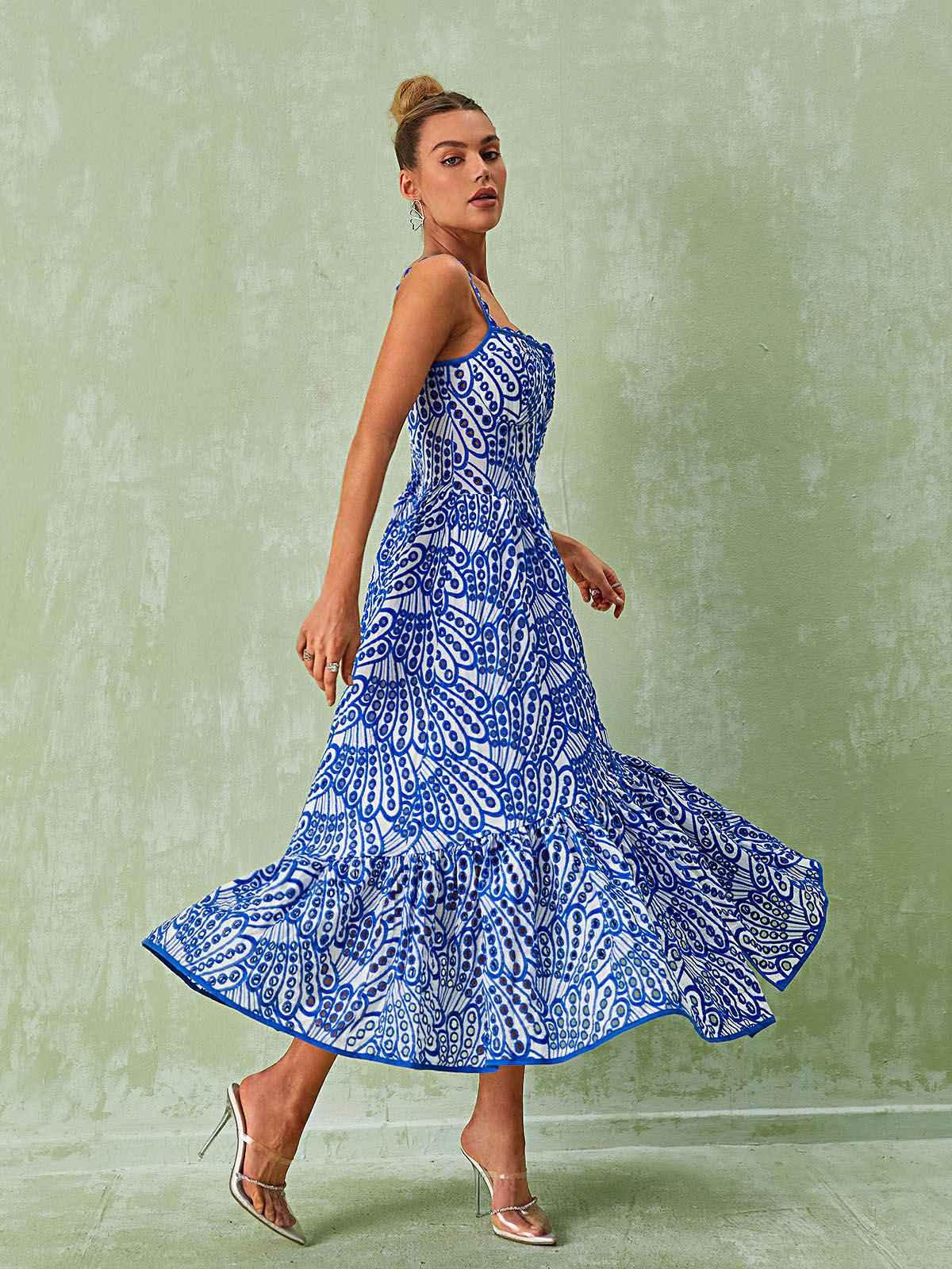 Square Neck Button Front Broderie Anglaise Tiered Midi Dress