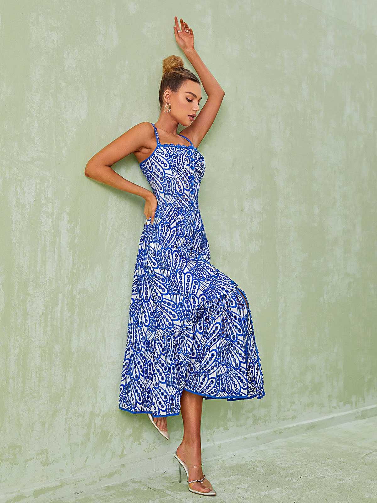 Square Neck Button Front Broderie Anglaise Tiered Midi Dress