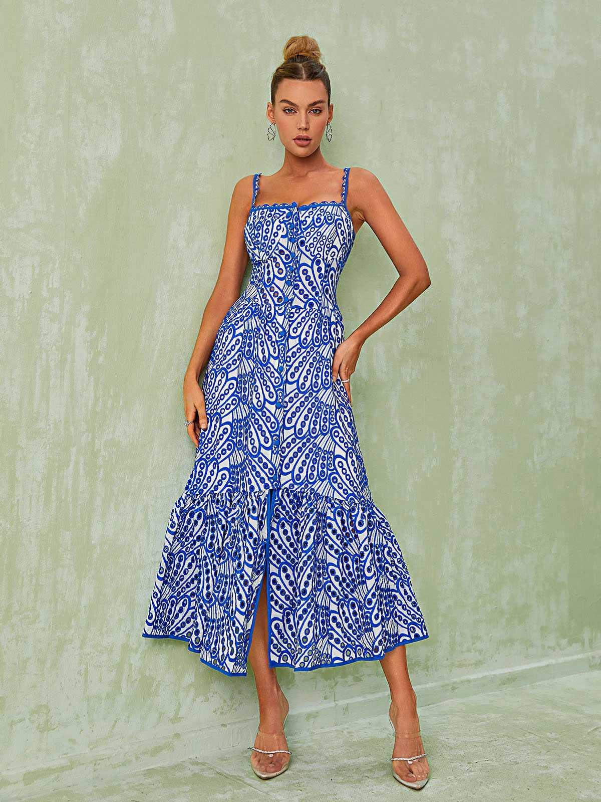 Square Neck Button Front Broderie Anglaise Tiered Midi Dress
