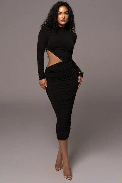 Long Sleeve Cutout Ruched Midi Dress