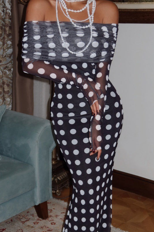 Polka Dot Off Shoulder Ruched Mesh Long Sleeve Bodycon Maxi Dress