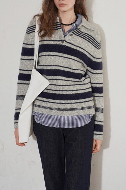 Stripe Polo Collar Knit Top