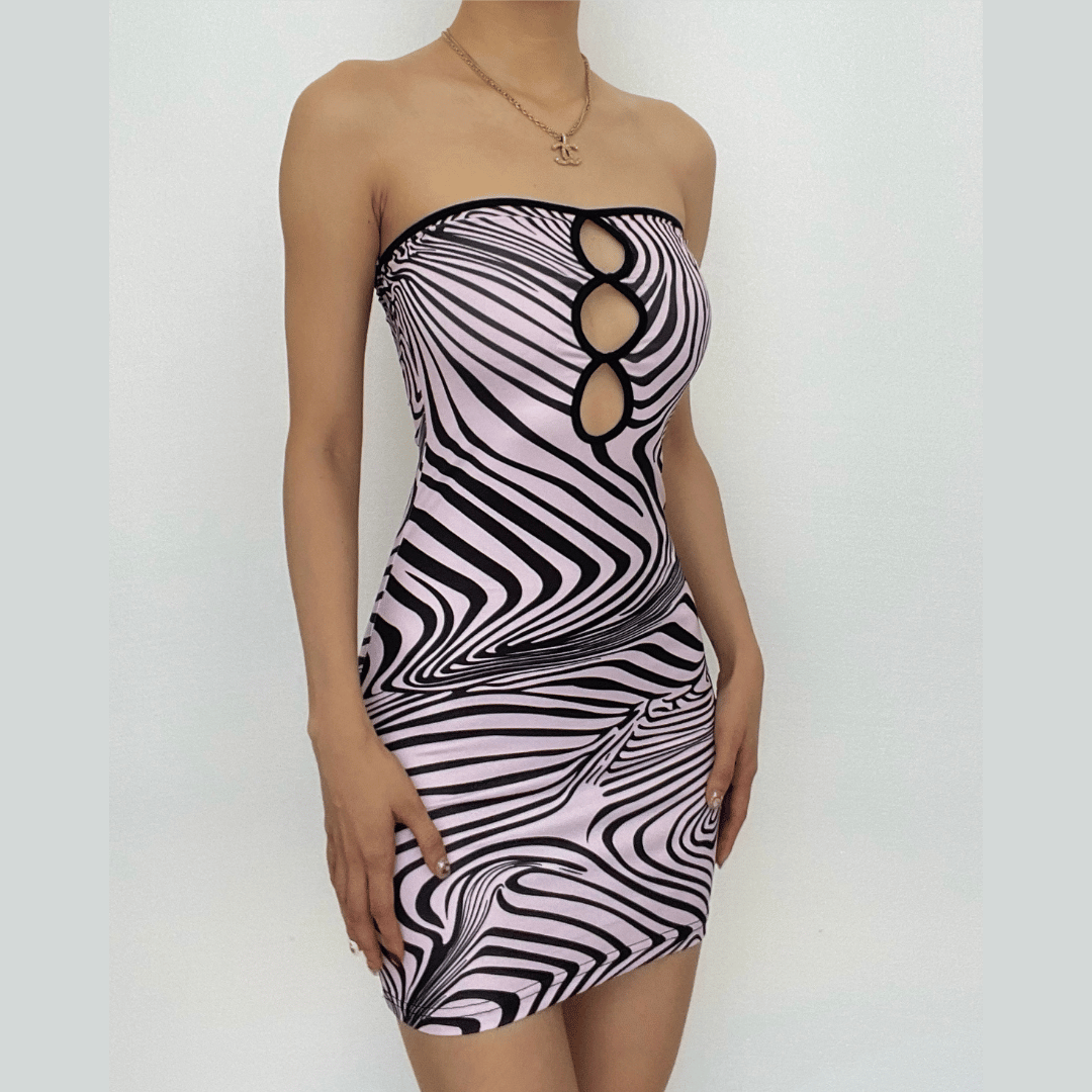 Strapless Swirl Print Keyhole Cutout Bodycon Mini Dress