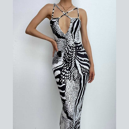 Crisscross Strap Keyhole Cutout Abstract Print Bodycon Maxi Dress