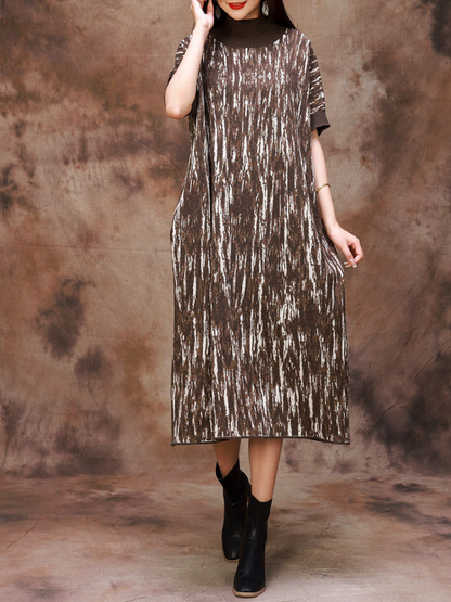 Half Collar Camouflage Rib Knit Midi Dress