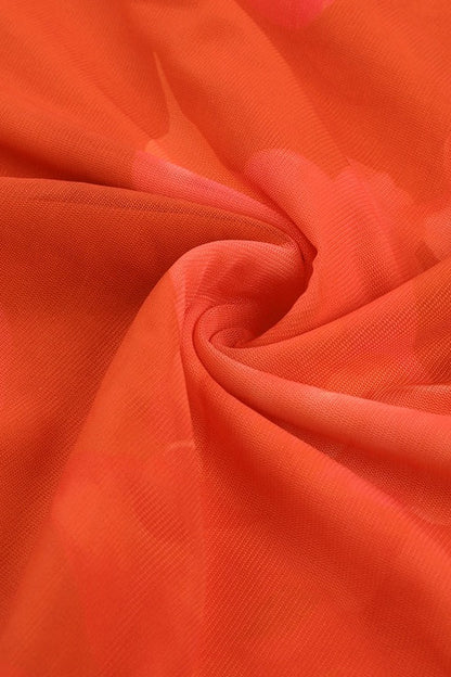 Orange Strapless Mermaid Ruched Abstract Floral Print Maxi Dress
