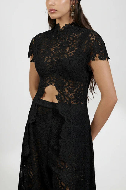 Lace Long Cape Cutout Pants Set