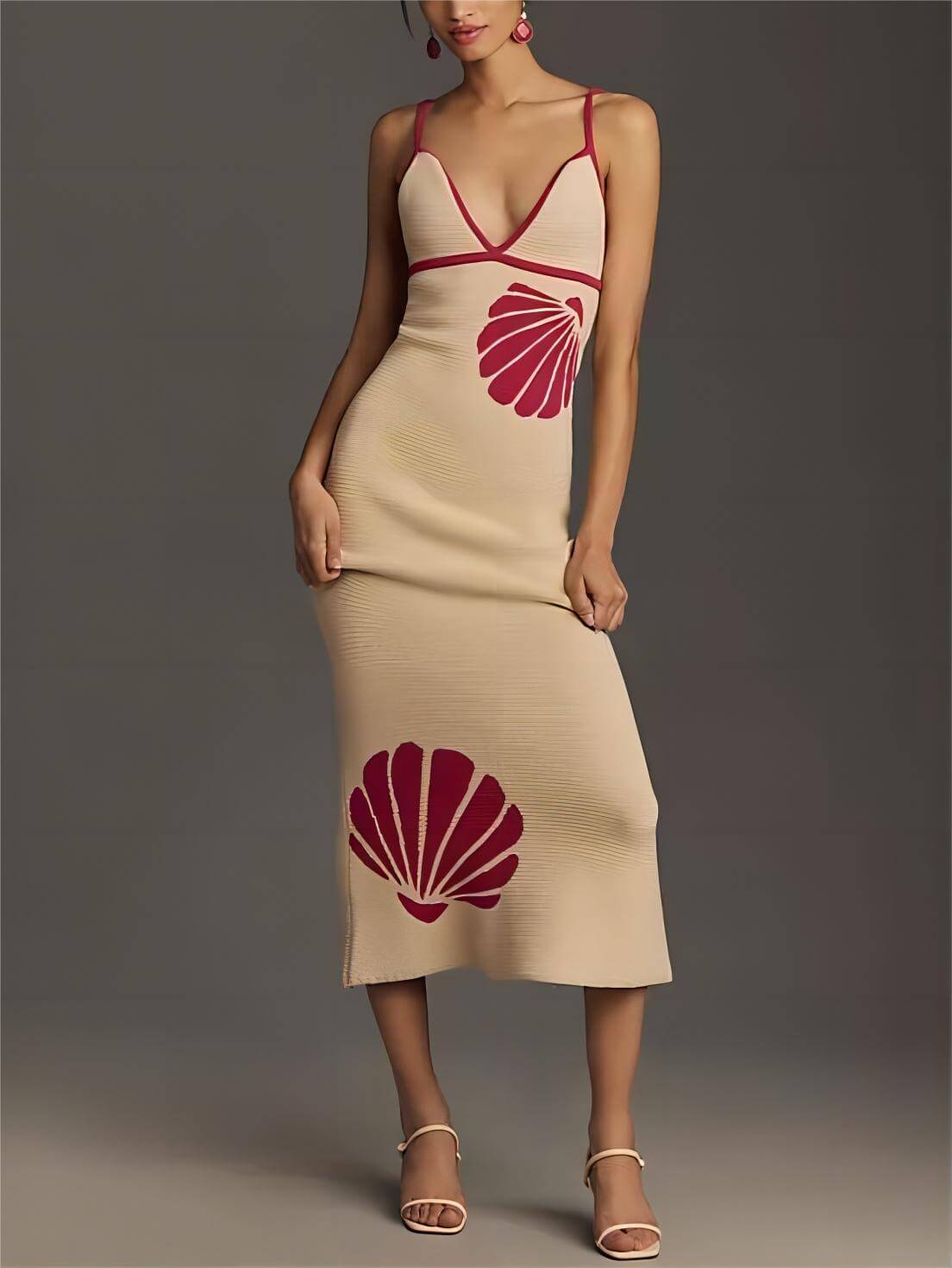 Rib Knit Shell Print Deep V Spaghetti Strap Midi Dress