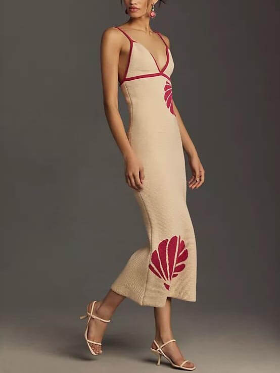 Rib Knit Shell Print Deep V Spaghetti Strap Midi Dress