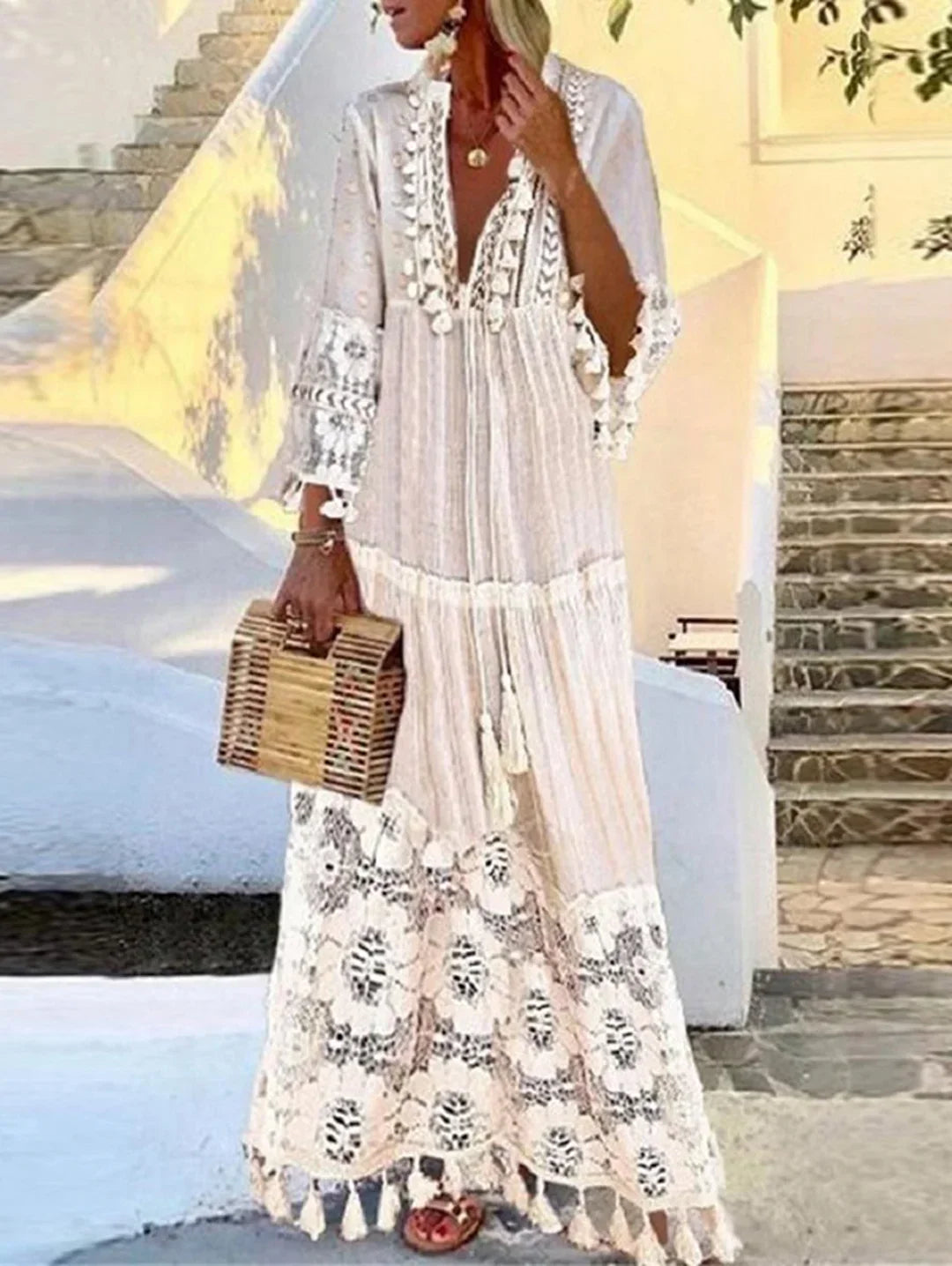 V Neck Tassel Tie Bell Lace Cuff Fringe Hem Maxi Dress