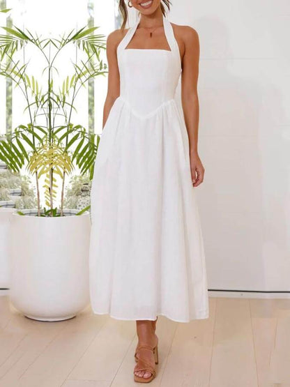 Halter Neck Sleeveless A-Line Pocket Midi Dress