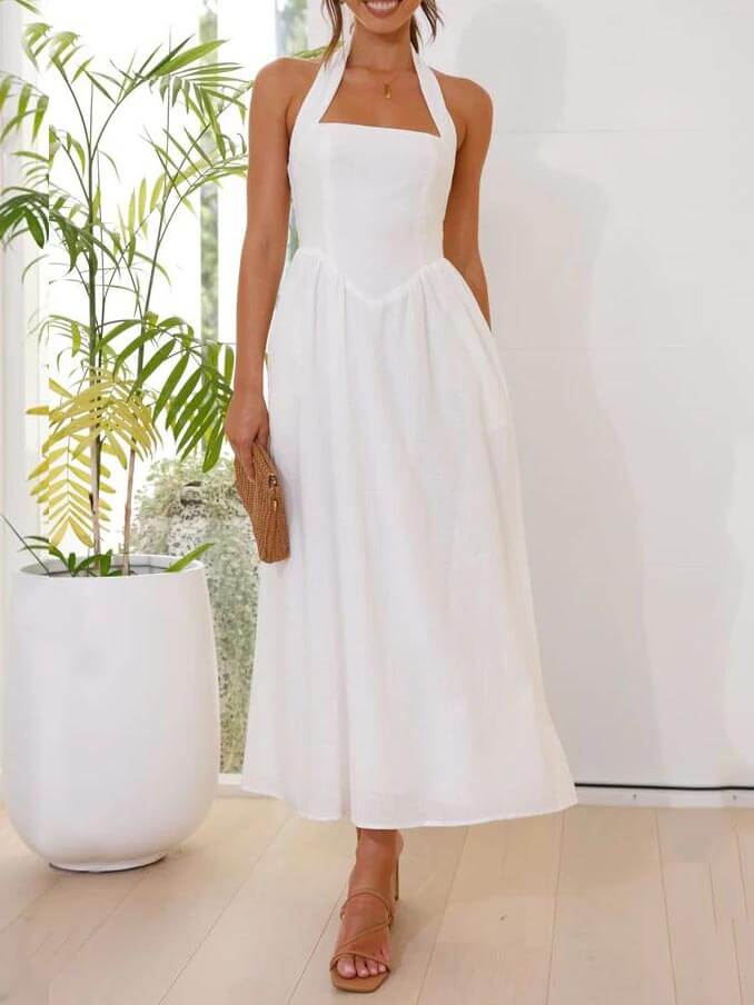Halter Neck Sleeveless A-Line Pocket Midi Dress