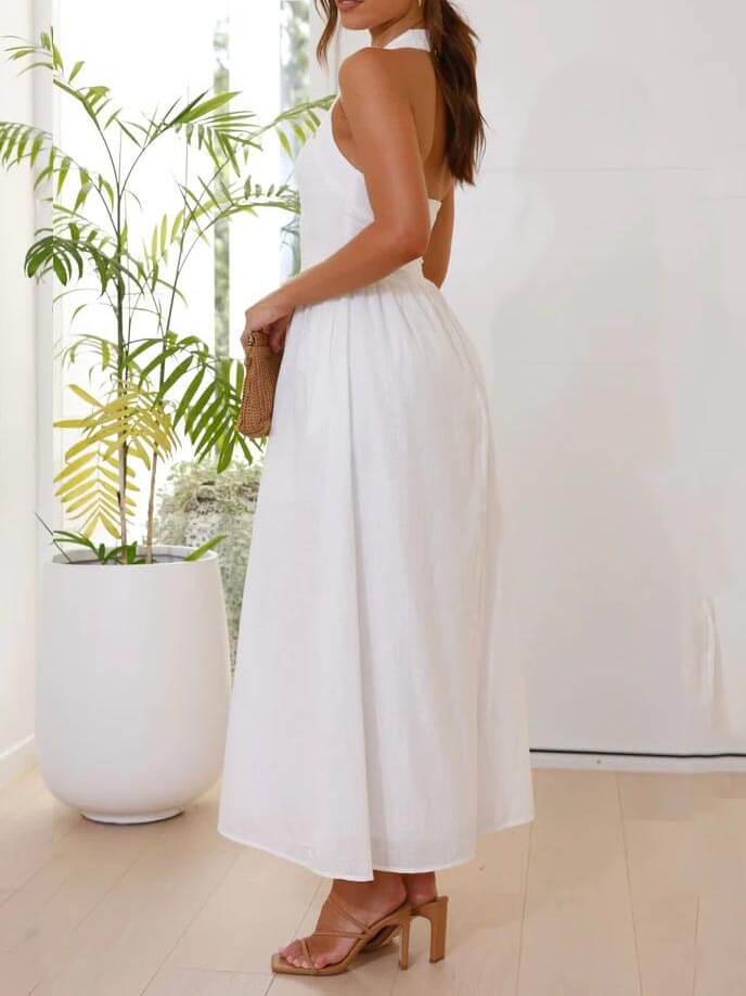 Halter Neck Sleeveless A-Line Pocket Midi Dress