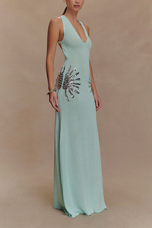 V Neck Sleeveless Knit Maxi Dress with Sequin