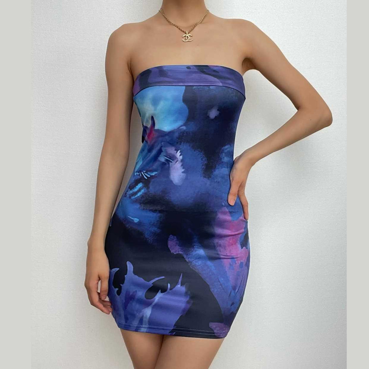 Tie Dye Abstract Strapless Tube Bodycon Mini Dress