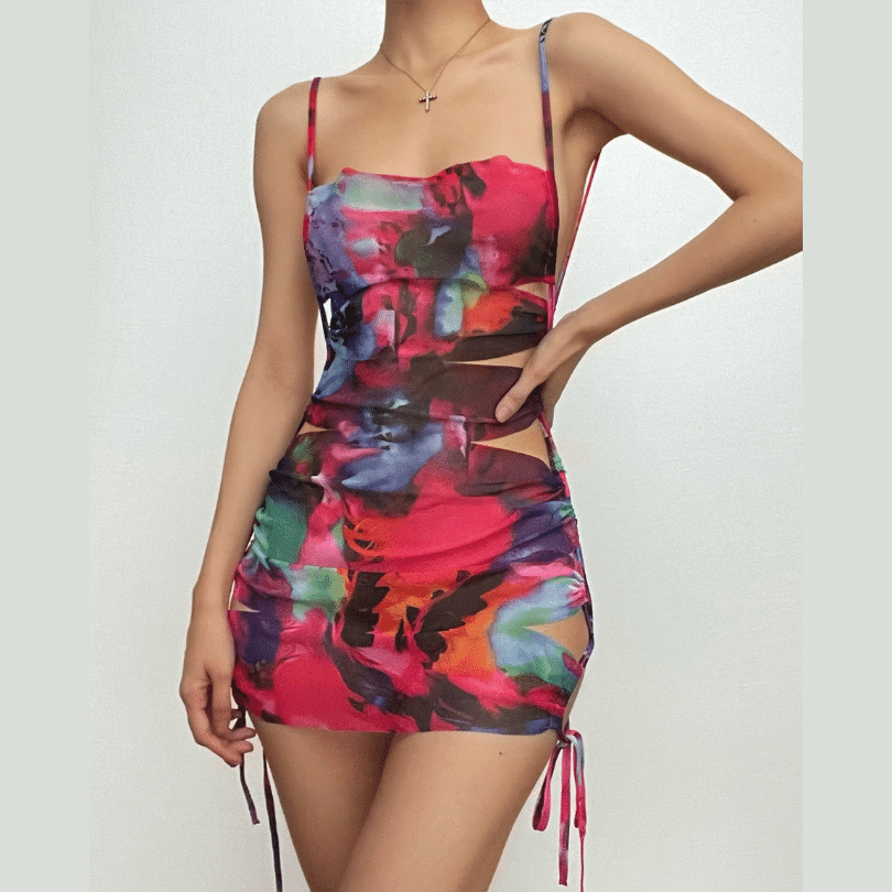 Floral Print Drawstring Waist Cutout Cami Mini Dress