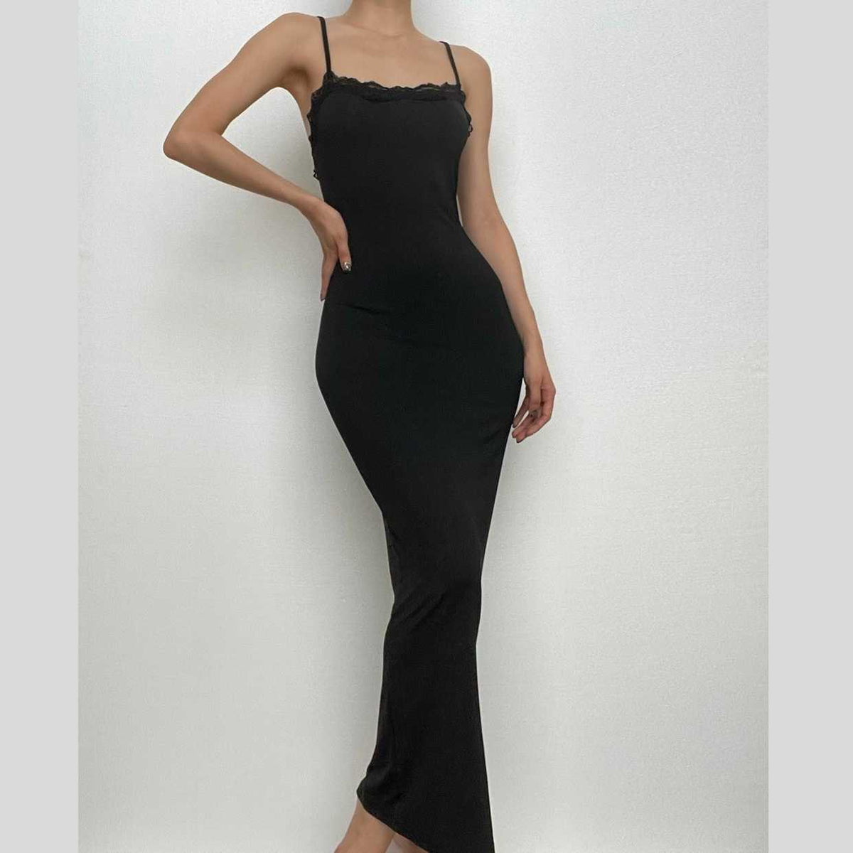 Square Neck Lace Trim Spaghetti Strap Backless Bodycon Maxi Dress