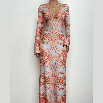 Deep V Ring Hardware Psychedelic Print Long Sleeve Bodycon Maxi Dress