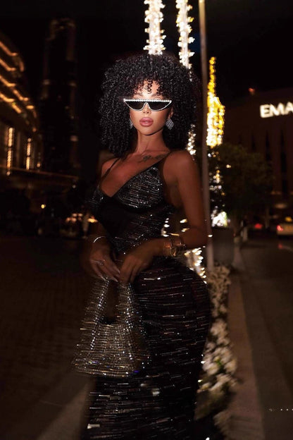 Rhinestone V-Neck Cami Ruched Fishtail Party Dress