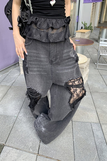 Lace Panel Ripped Wide Leg Jeans
