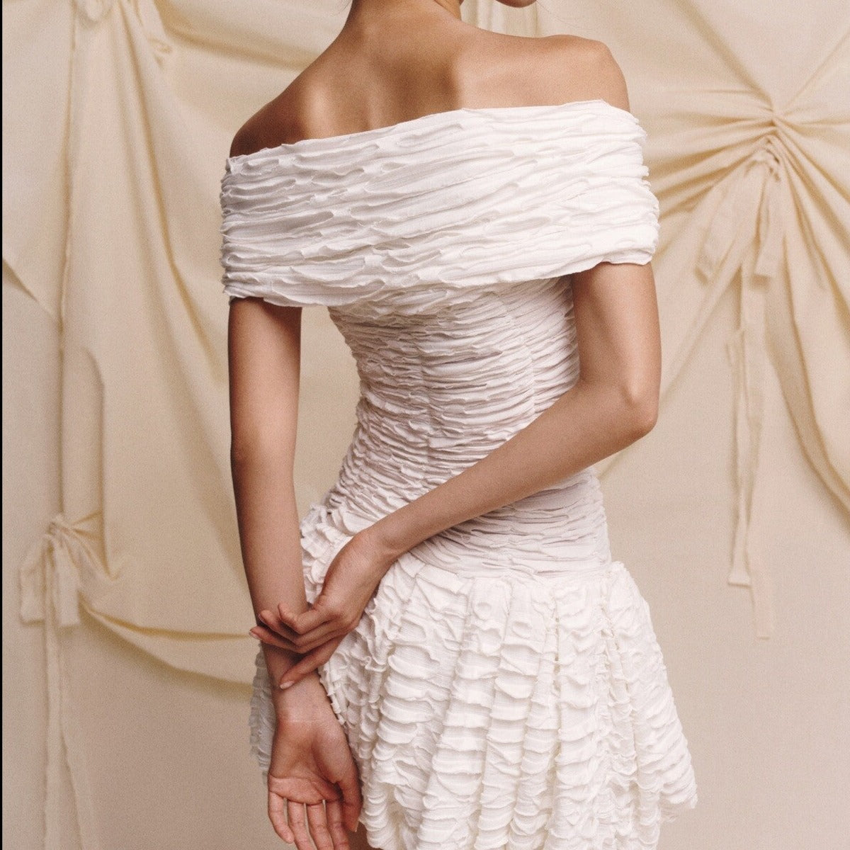 Off Shoulder Crossover Ruched Bubble Hem Mini Dress