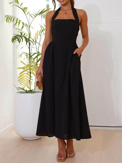 Halter Neck Sleeveless A-Line Pocket Midi Dress