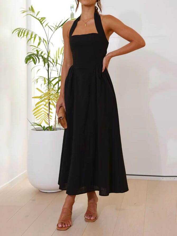 Halter Neck Sleeveless A-Line Pocket Midi Dress