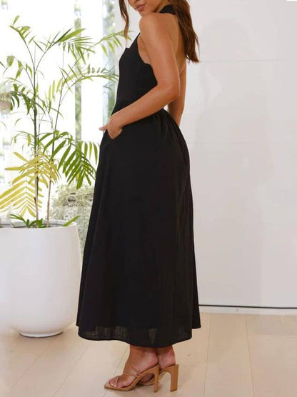 Halter Neck Sleeveless A-Line Pocket Midi Dress