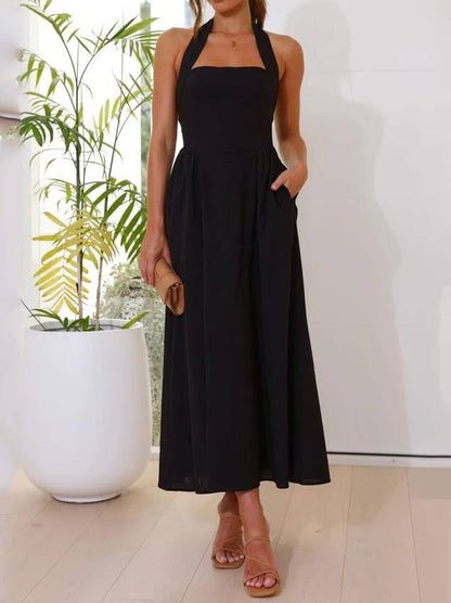 Halter Neck Sleeveless A-Line Pocket Midi Dress