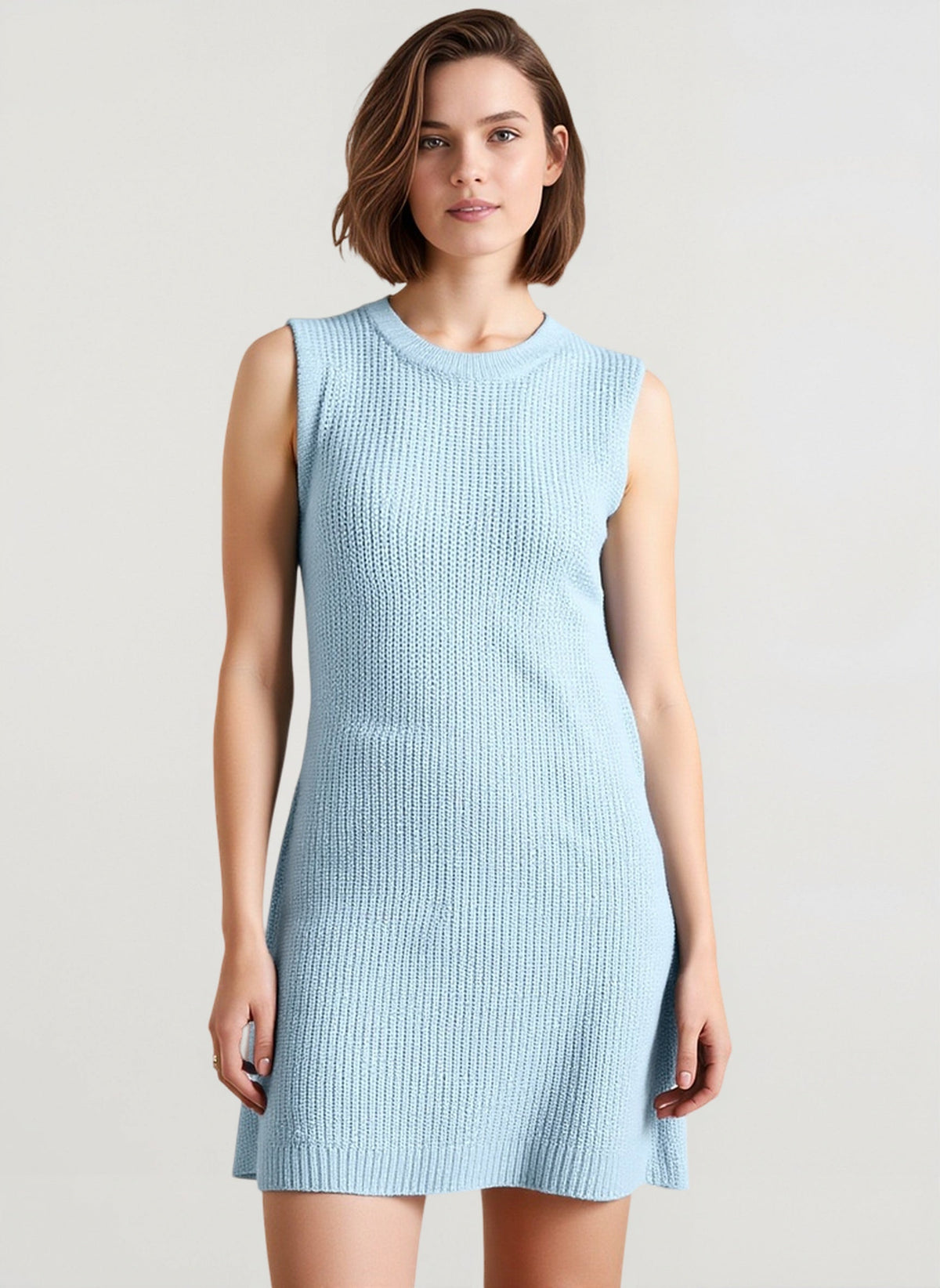 Ribbed Crew Neck Side Slit Knit Shift Mini Dress