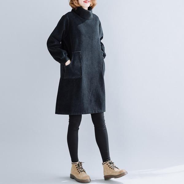Corduroy Mock Neck Patch Pocket Ribbed Cuff Tunic Dress