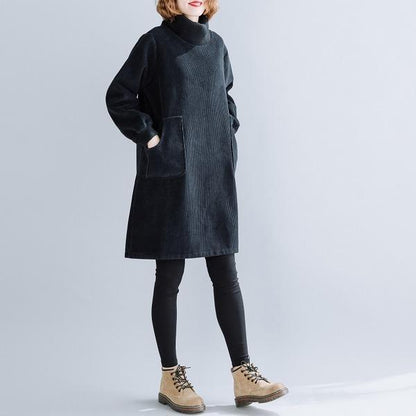 Corduroy Mock Neck Patch Pocket Ribbed Cuff Tunic Dress