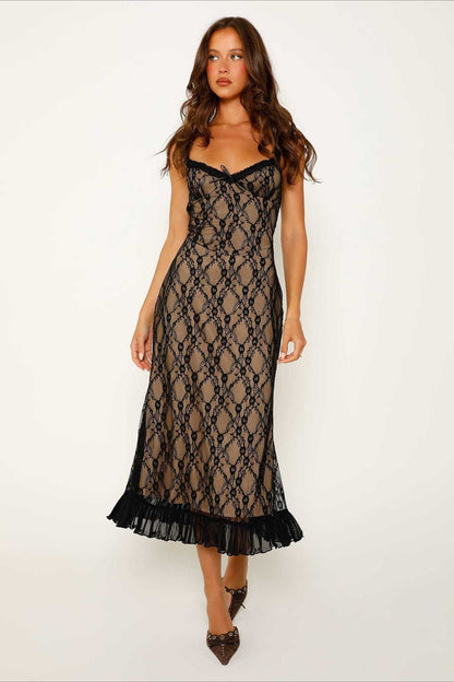 Lace Spaghetti Strap Sweetheart Ruched Pleated Hem Slip Midi Dress