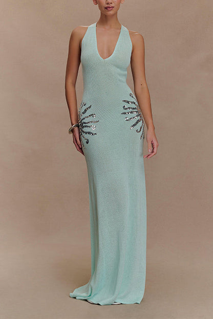 V Neck Sleeveless Knit Maxi Dress with Sequin