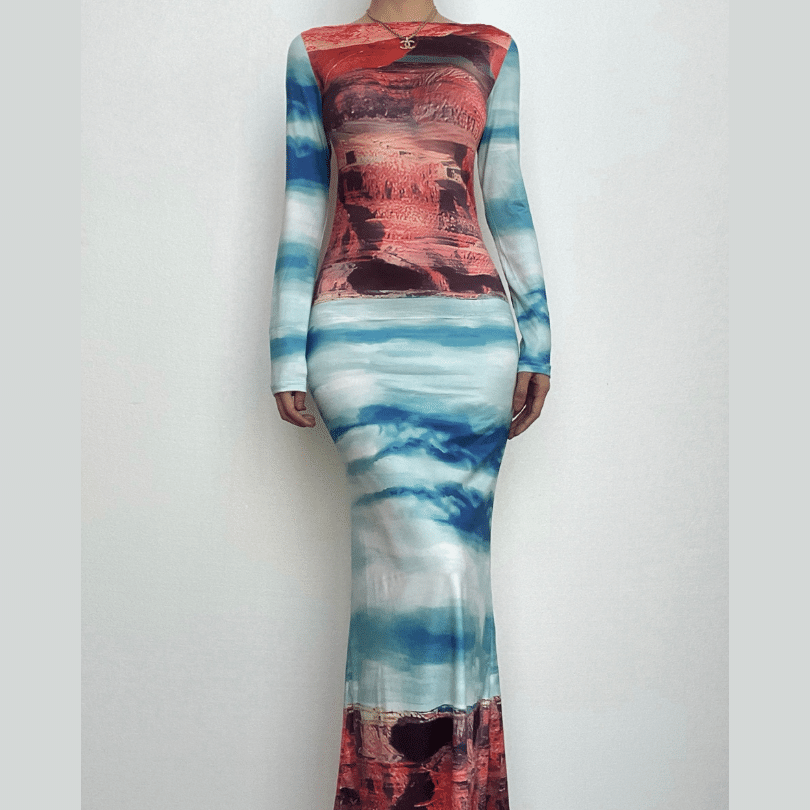 Boat Neck Canyon Landscape Graphic Long Sleeve Bodycon Maxi Dress