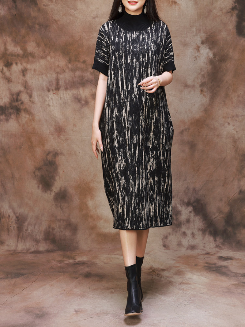 Half Collar Camouflage Rib Knit Midi Dress
