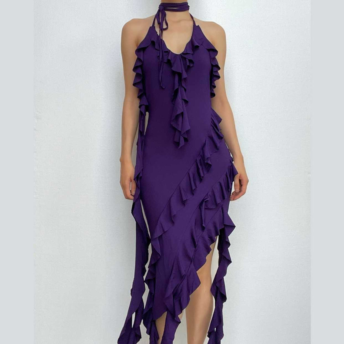 Halter Choker Tie Neck Cascading Ruffle Asymmetric Hem Maxi Dress