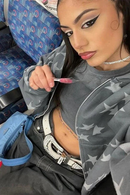Star Print Zip Up Hoodie