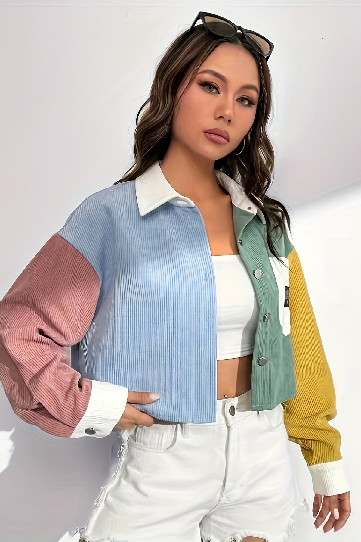 Color-Block Corduroy Cropped Jacket