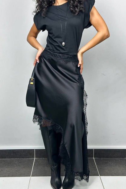 Asymmetric Satin Lace Midi Skirt