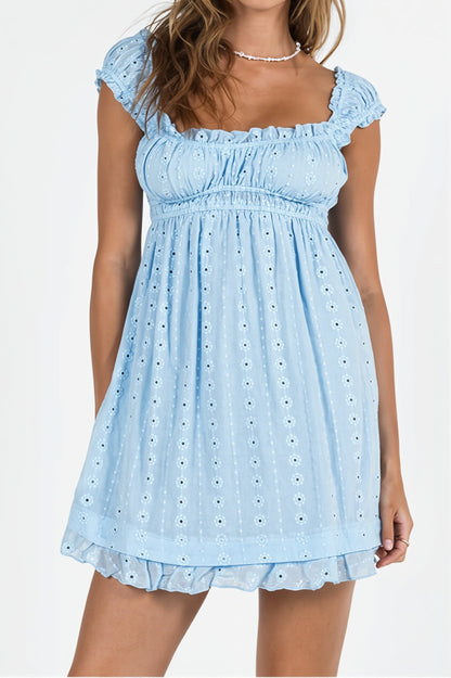 Square Neck Ruffle Strap Eyelet Embroidered Empire Waist Mini Dress