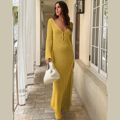 Crochet Deep V-Neck Bell Sleeve Open Knit Maxi Dress