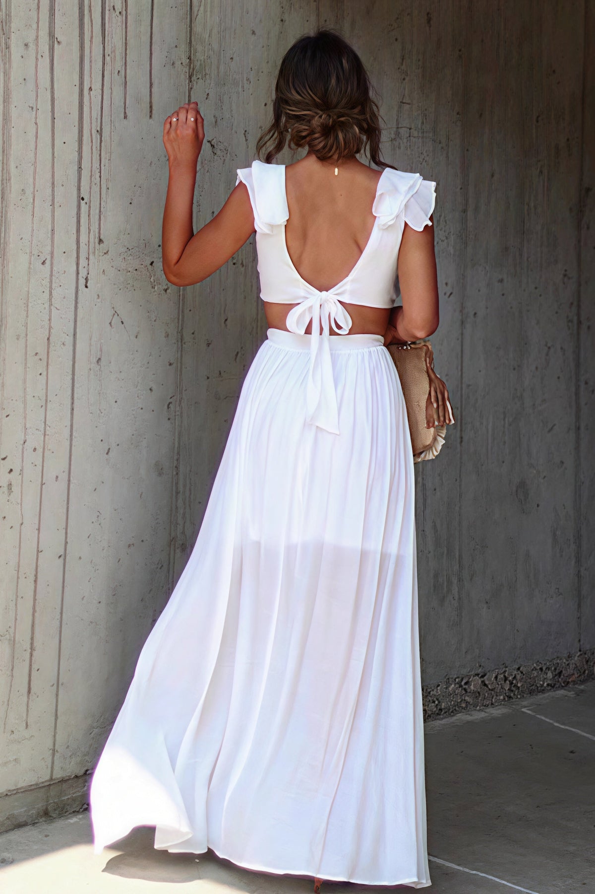 Deep V Neck Ruffle Strap Wood Ring Cutout Tiered Maxi Dress