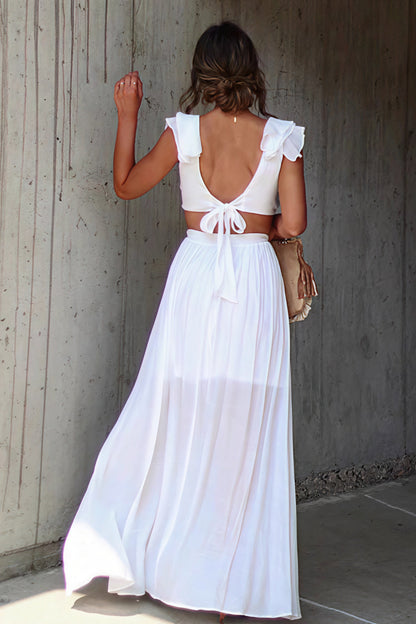 Deep V Neck Ruffle Strap Wood Ring Cutout Tiered Maxi Dress