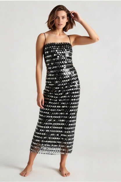 Square Neck Disc Sequin Spaghetti Strap Bodycon Midi Dress