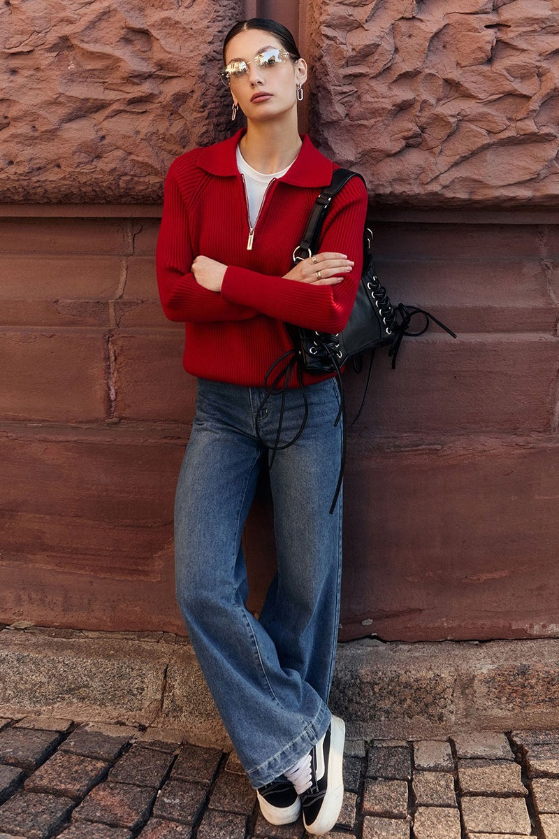 Polo Collar Knit Pullover Sweater