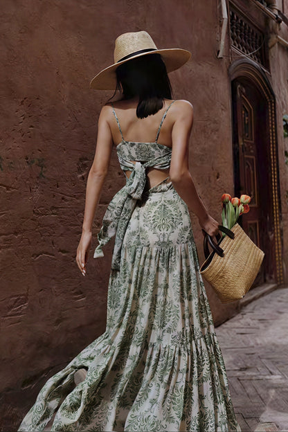Green Spaghetti Strap Square Neck Ruched Damask Print Tiered Maxi Dress
