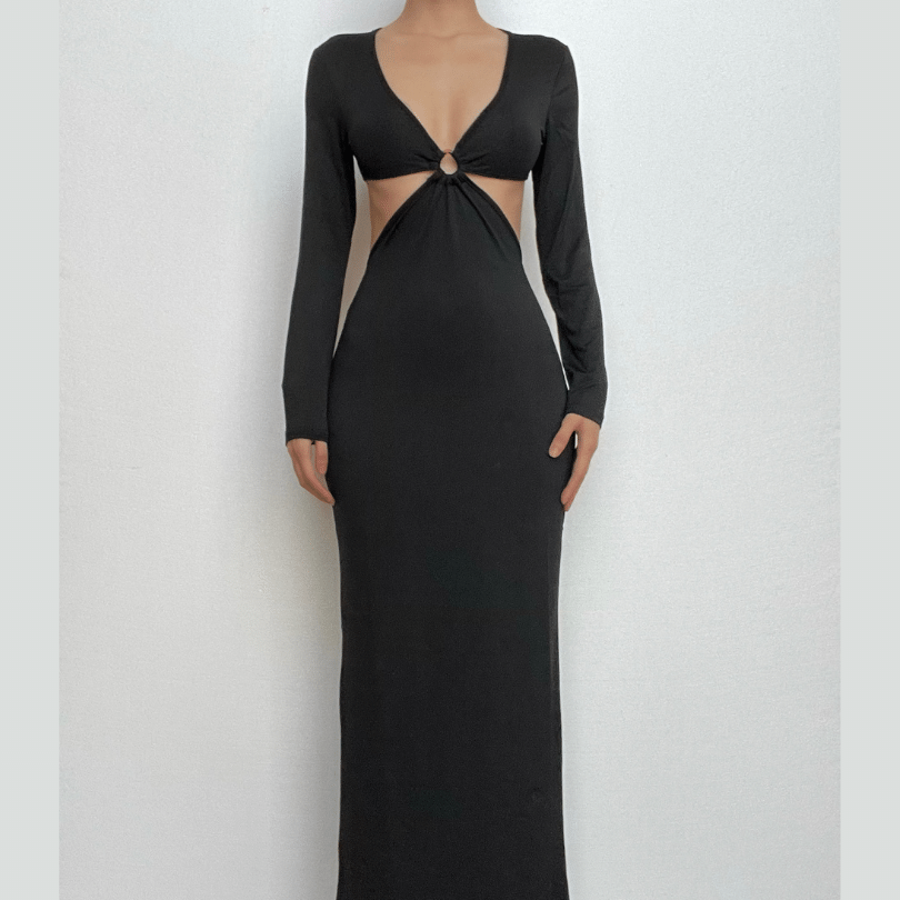 O-Ring Waist Cutout Deep V-Neck Long Sleeve Maxi Dress