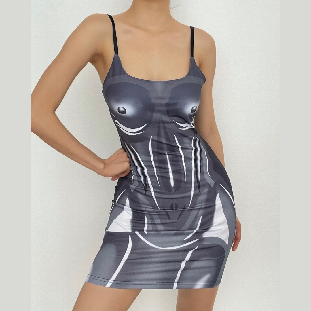 Scoop Neck Spaghetti Strap Cyborg Body Graphic Bodycon Mini Dress